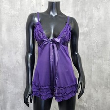 Fredericks of Hollywood Size S Purple Lace Mesh Tie Front Cami Babydoll Lingerie