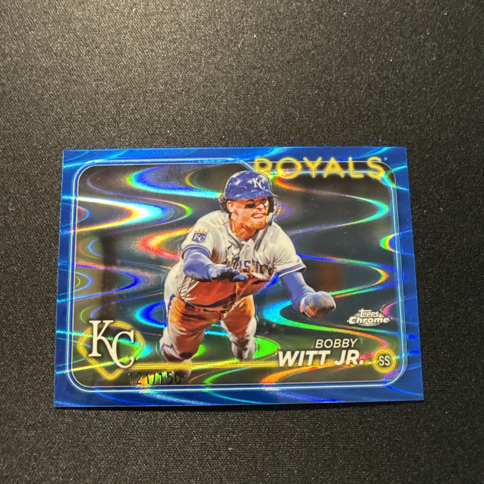 #120 2024 Topps chrome, Bobby Witt Jr Blue Raywave  121/150 COLOR MATCH!