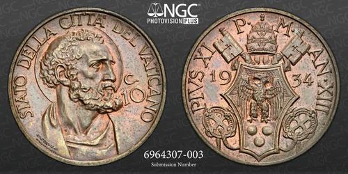 1934 XIII VATICAN 10C NGC MS 64 BN