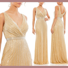 NWT 598 MAC DUGGAL 4 5219 V Neck Beaded Sleeveless Gown In Champagne S1076