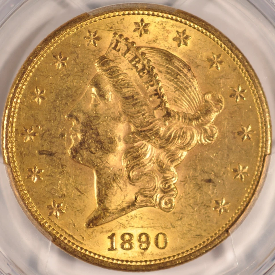 Moneda de oro doble águila de $20 de 1890-S graduación profesional MS-62 oro anterior a 1933 como nueva de San Francisco Foto 3 de 4