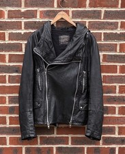 All Saints Mens MACE Leather Biker Jacket LARGE Black Bomber Allsaints Hooded