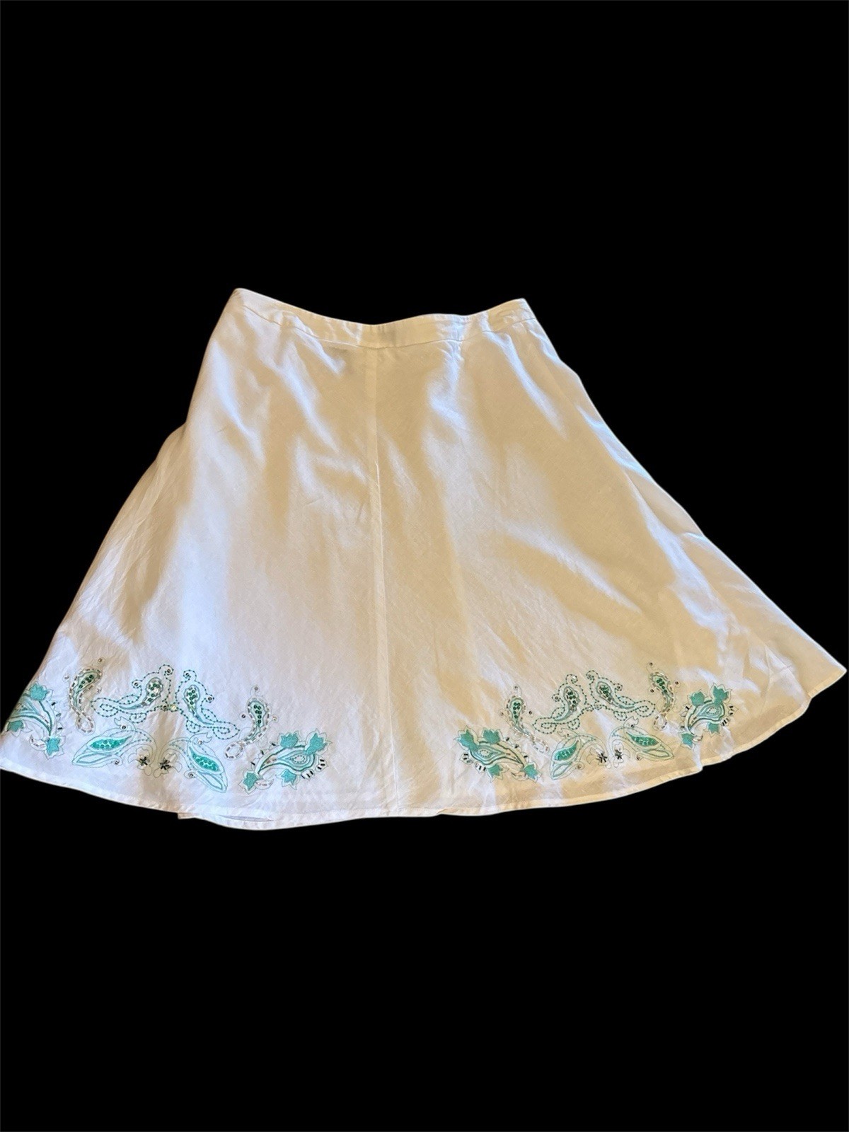 Vntg Apostrophe Women Size 18 Skirt White Linen Blend Flare Turquoise Sequin