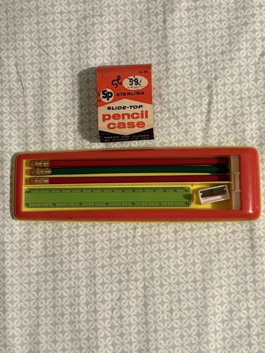 COMPLETE 1960 Sterling Plastics 526 Plastic Slide Top Rolling Pencil Box Case 