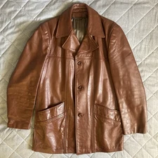 Vintage Caramel Brown Leather Jacket Mens 42 Long 1970s Retro Dapper Coat