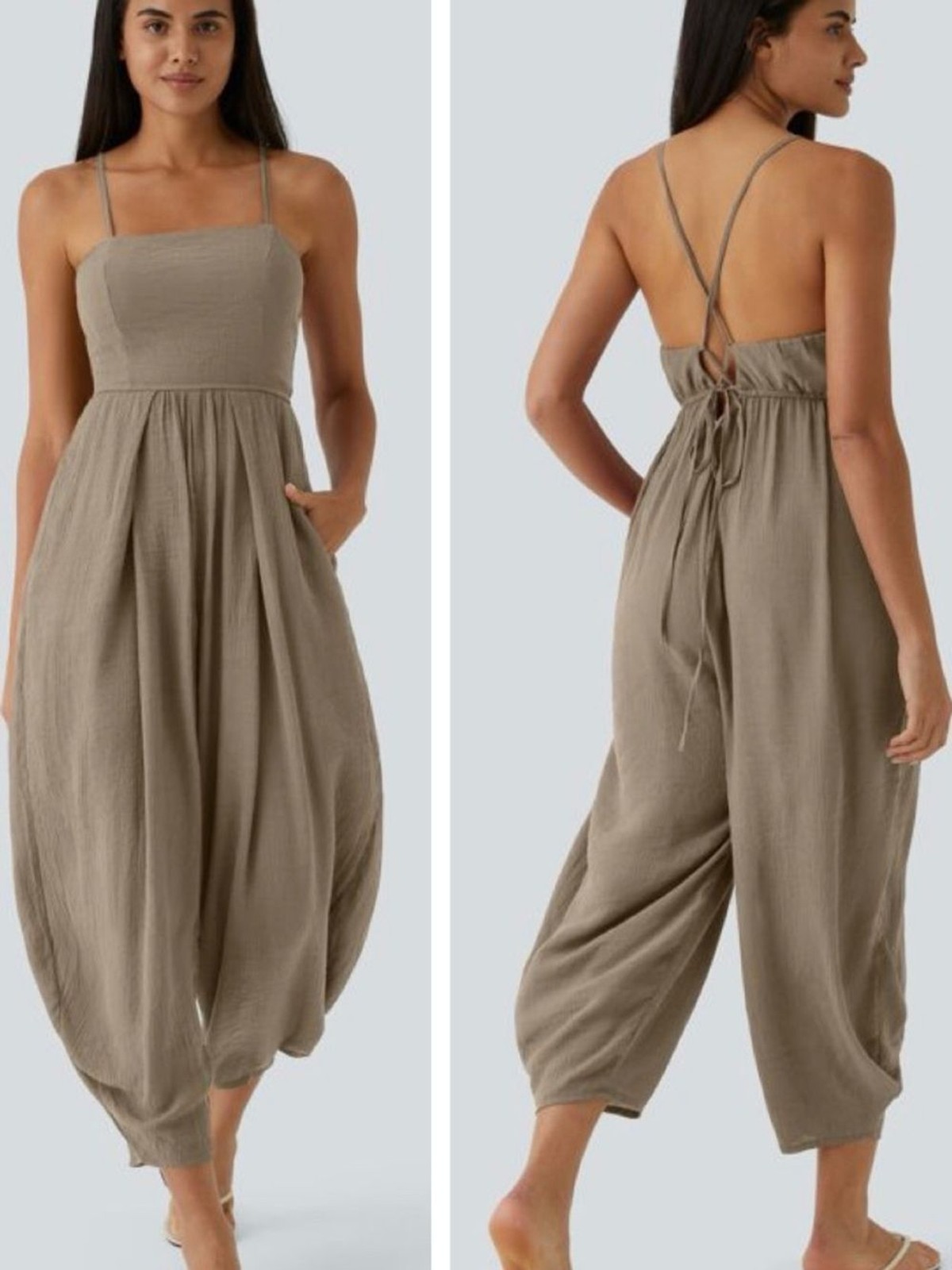 Halara Khaki Brown Linen-Look Jumpsuit Spaghetti Strap Lace Up Back | Size: M