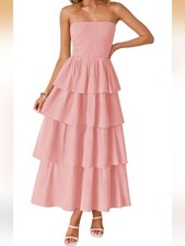 PrettyGarden Pink Smocked Tiered Strapless Dress Size Large NWT