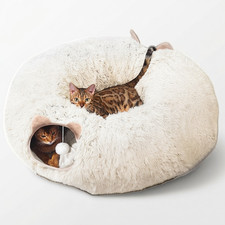 Cat Tunnel with Cat Bed Soft Plush Playground for Indoor Cats 36x36 Cream White