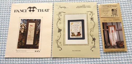 Lot 3 cross stitch leaflets ALL PRIMITIVE DESIGNS birds house country trees +