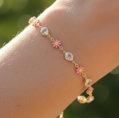 Elegant Floral Charm Brass Bracelet Gold Plated Designer Chain Handmade Jewelry