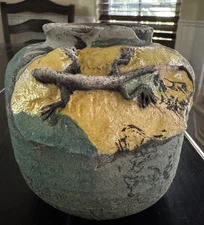 WILLIAMS Signed Raku Vase Studio Art Lizard Details Green & Yellow 5.5"