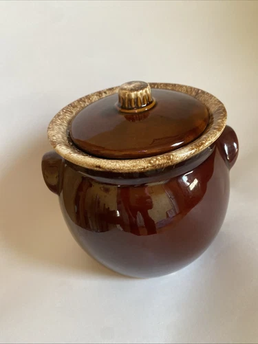 Vintage 2 Quart Hull USA Oven Proof Pottery Brown Drip Glaze Bean Pot with Lid