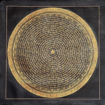 OM MANI PADME MANTRA  MANDALA- BLACK & GOLD OIL VARNISH TIBETAN THANGKA PAINTING