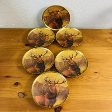 Lesley Roy Designs Signed Glass Gold Leaf Saucer Moose Deer Hunt Plates Set Of 6