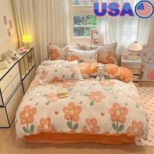 Kawaii Floral Duvet Cover Set Twin Plush Microfiber Bedding Kid Comforter Orange
