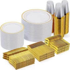600 Pieces Gold Disposable Plates SetofDinner,DessertPlatesSpoonsForksKnivesCups
