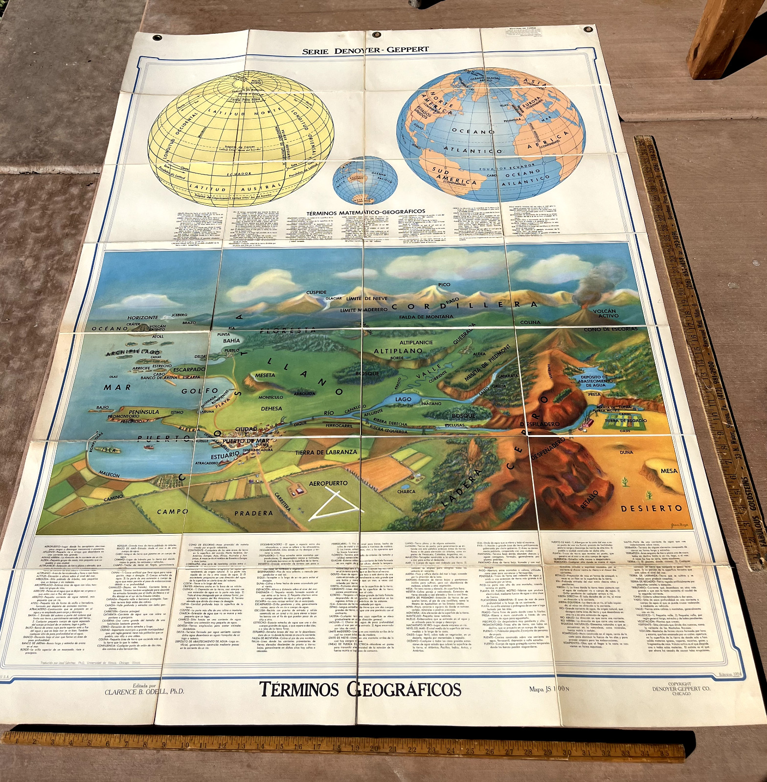 1954 Geographical Terms Folding Map JS100N Denoyer Geppert Rare Spanish Issue