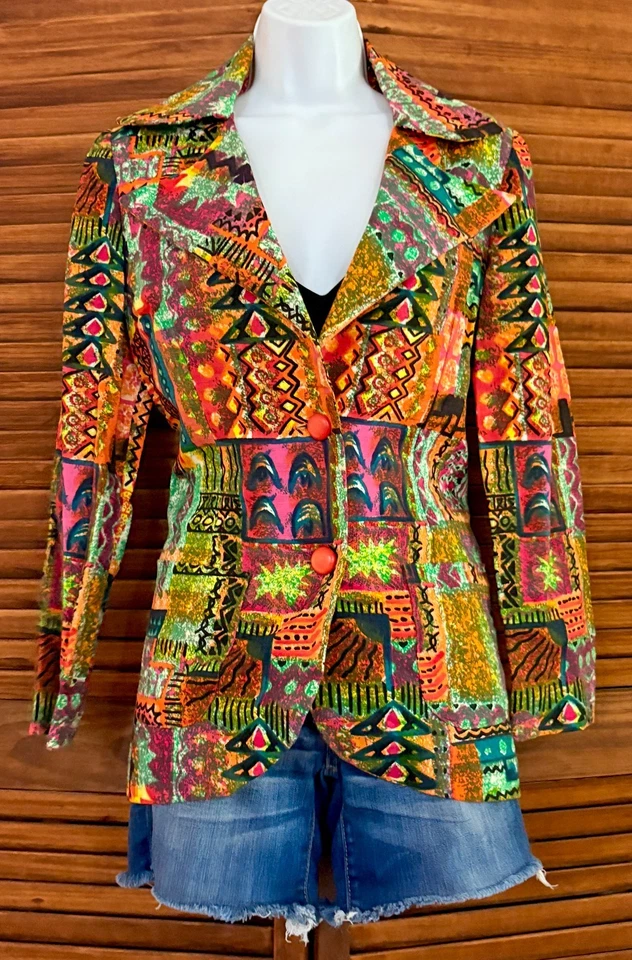 Blazer informal vintage de tela de corteza psicodélica para mujer talla M años 70 Foto 2 de 4