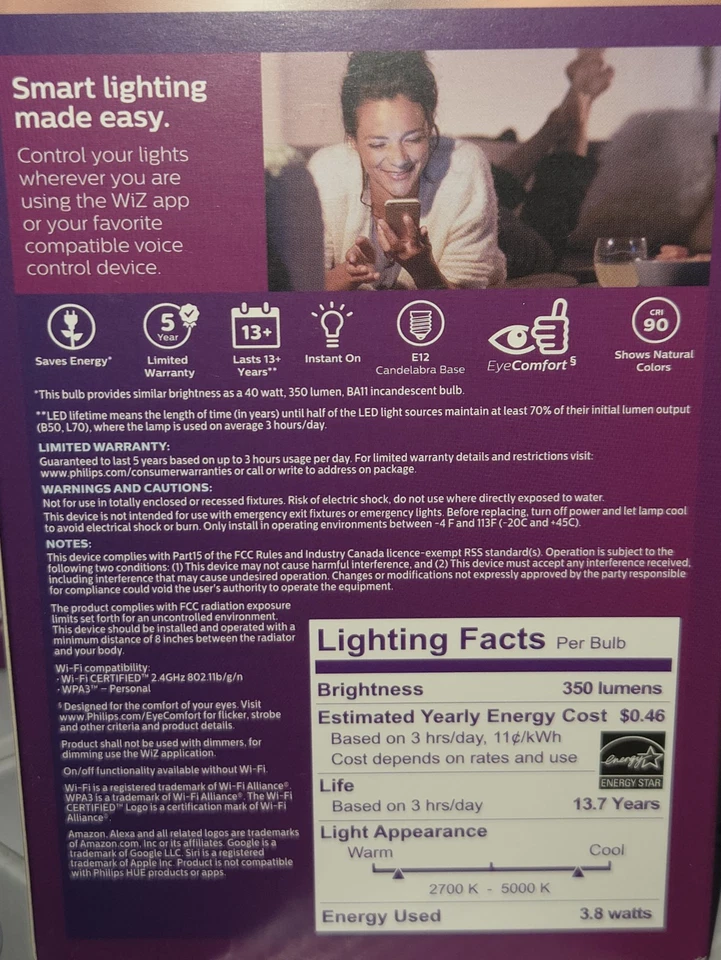 4 NEW Philips LED Candelabra E12 Bulb Smart White Wi-Fi Bluetooth 40 Watt - Image 2 of 4