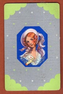 1 Single Swap Playing Card CUTE GIRL IN BONNET LADY SILVER METALLIC DECO VINTAGE