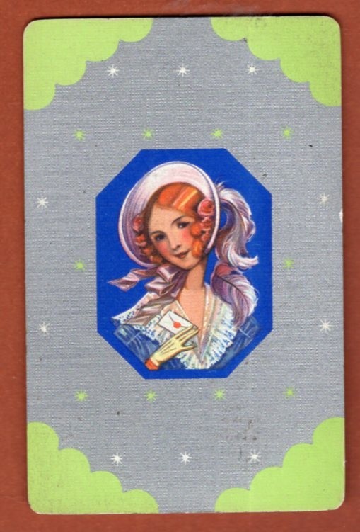 1 Single Swap Playing Card CUTE GIRL IN BONNET LADY SILVER METALLIC DECO VINTAGE
