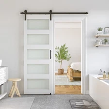SmartStandard 30 x 80 in Glass Barn Door with 5FT Sliding Hardware Kit & Handle