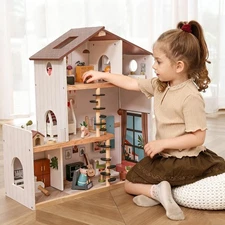 Wooden Doll House with 53Pcs Furniture Doll House, 6 Rooms Toddler Dollhouse Inc