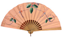 Beautiful Hand Fan Hand Painted Pink Flowers with Green Leaves
