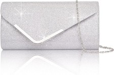Women s Sparkly Sequin Evening Clutch Purse Silver Envelope Bag w/ 2 Chains
