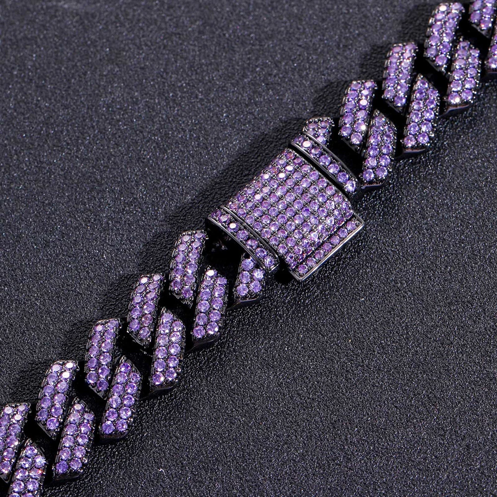 Mens Hip Hop Bracelet ICED Purple 5A CZ Black Plated Cuban Hand Chain 15mm
