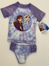 Disney Frozen 2 Toddler Rash Guard Bikini Bathting Suit 2pc Set Purple Foil 2T