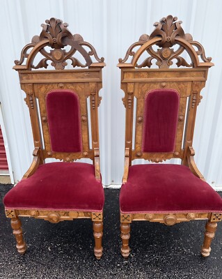 Pair Antique Gothic Revival Cathedral Chair Walnut Red Velvet