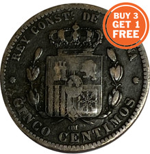 5 CENTIMOS - SPANISH COIN - CHOICE OF DATE 1877-1879 - SPAIN