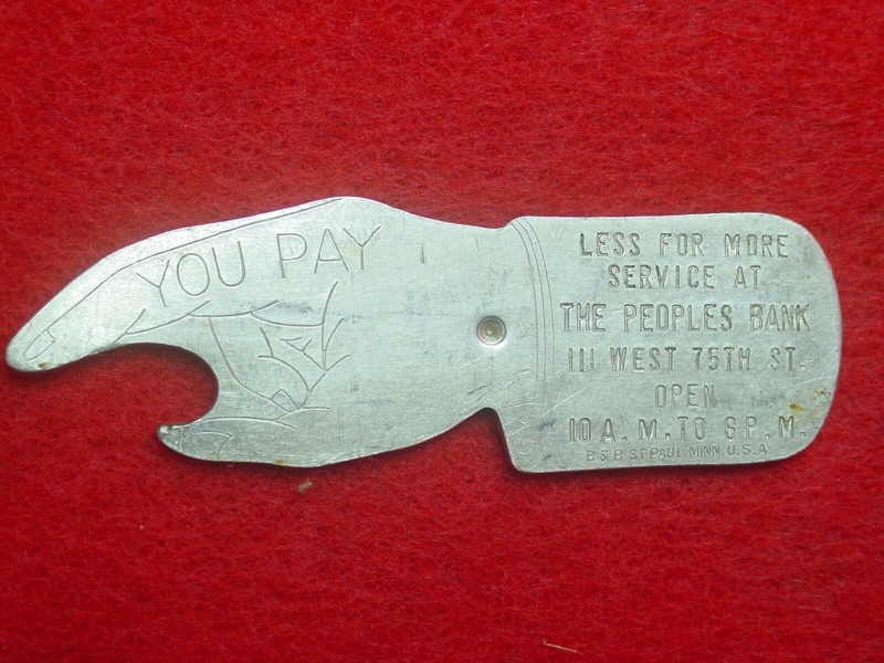 Vintage The Peoples Bank Advertising SPIN TO SEE WHO PAYS Beer Pop Bottle Opener