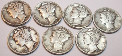 1939 D 1943 S 1944 S RANGE 7 DIFFERENT WWII EARLY SILVER MERCURY DIMES LOT COINS