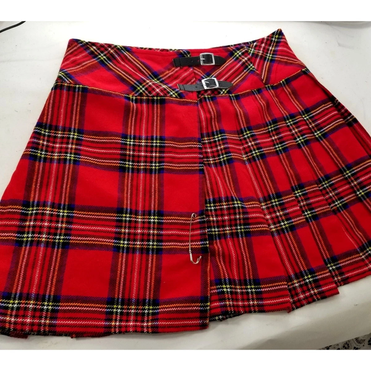 Plaid Mini Skirt Kilt 36 Red Tartan Wool Tweed Buckle Pin School