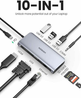 UGREEN USB C Docking Station 10 IN 1 Multiport Adapter Mit 4K HDMI, VGA, 3.5Mm
