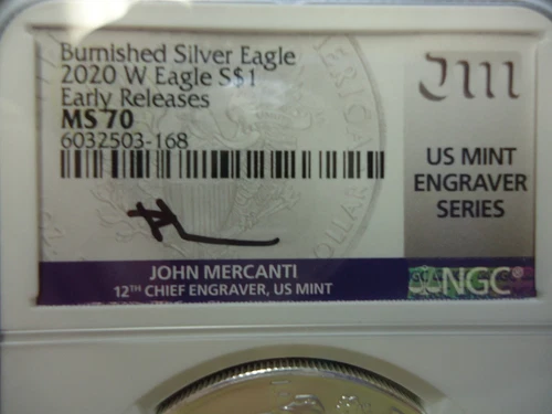 2020 W  Silver Eagle Burnished MS70 NGC Mercanti Mint Engraver Series