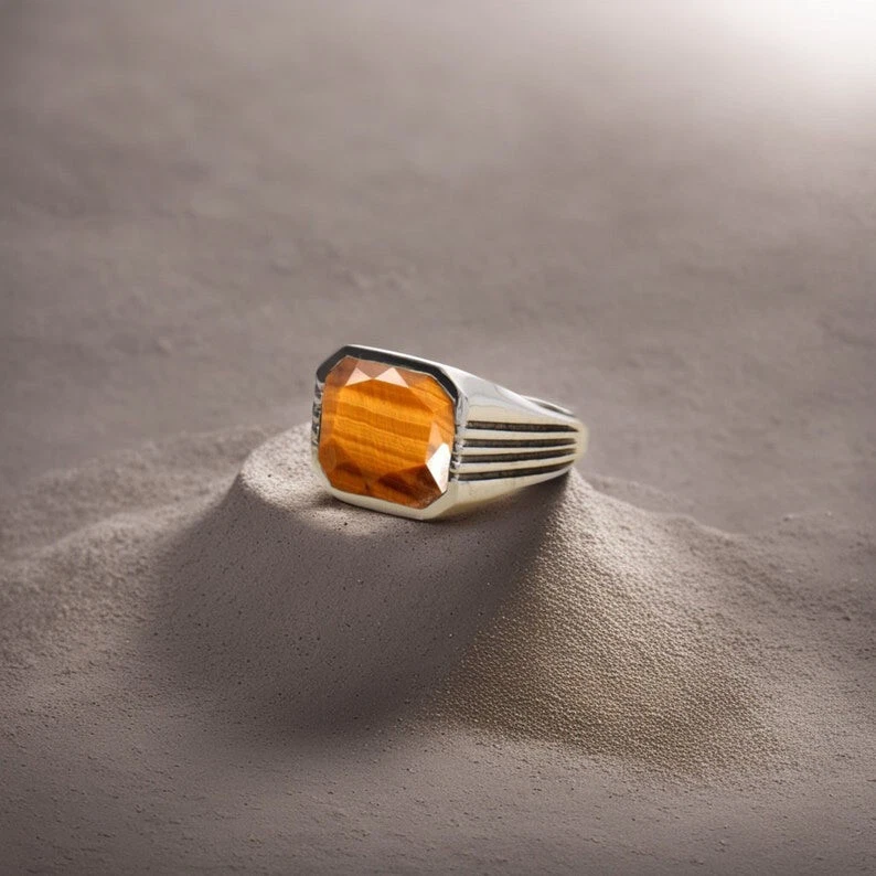 ANILLO OJO DE TIGRE NATURAL ANILLO PLATA ESTERLINA 925 BOHO ANILLO SELLO HOMBRE Foto 2 de 4