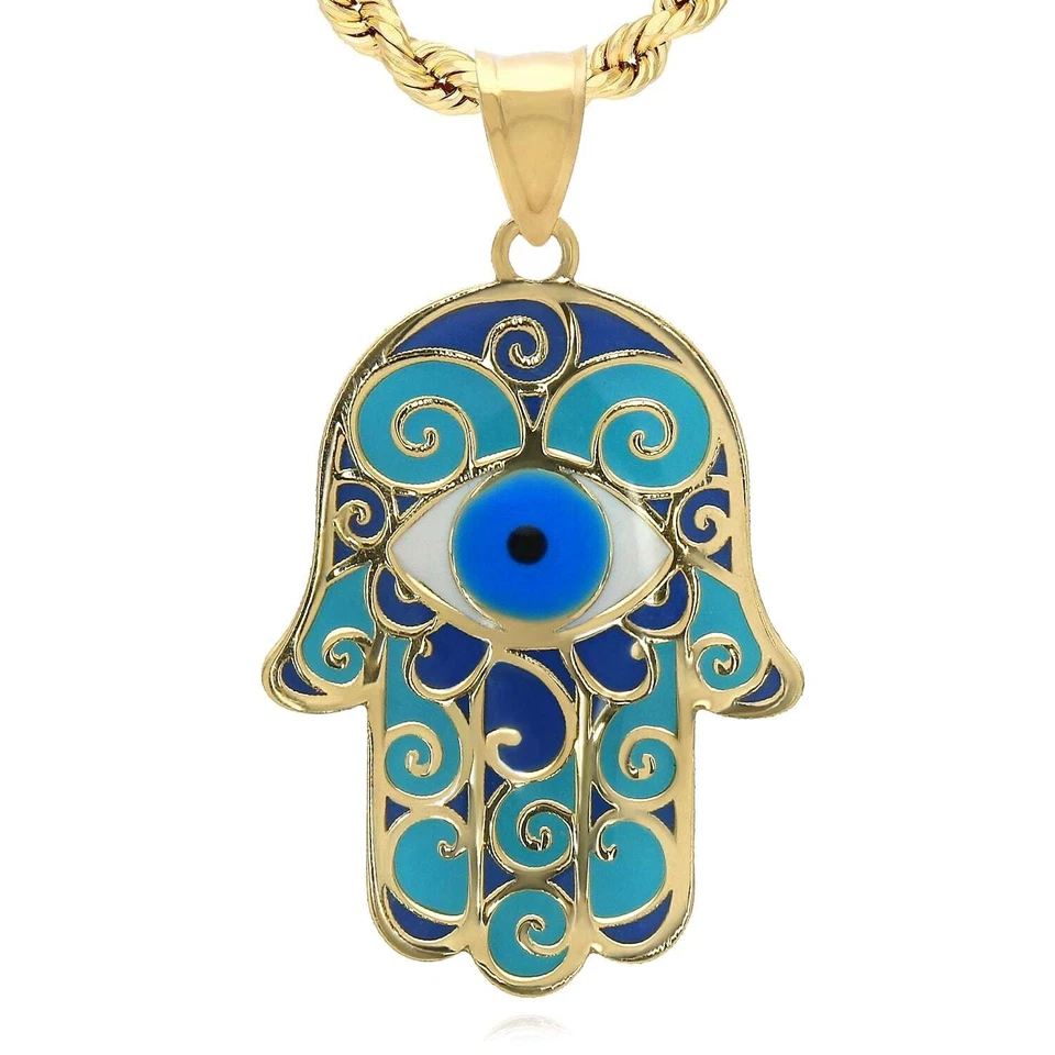 Colgante Mal de Ojo Mano Hamsa Esmalte Oro Amarillo 10K 1.1" Foto 2 de 4