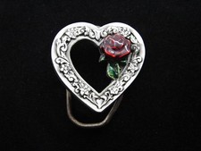 RF01163 NOS VINTAGE 1993  ROSE  HEART  ART FASHION PEWTER BELT BUCKLE