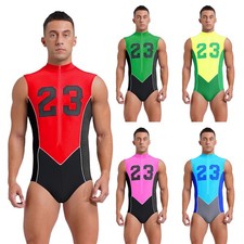 Men Jumpsuit Breathable Leotard Number Printed Unitard Front Zipper Bodysuit