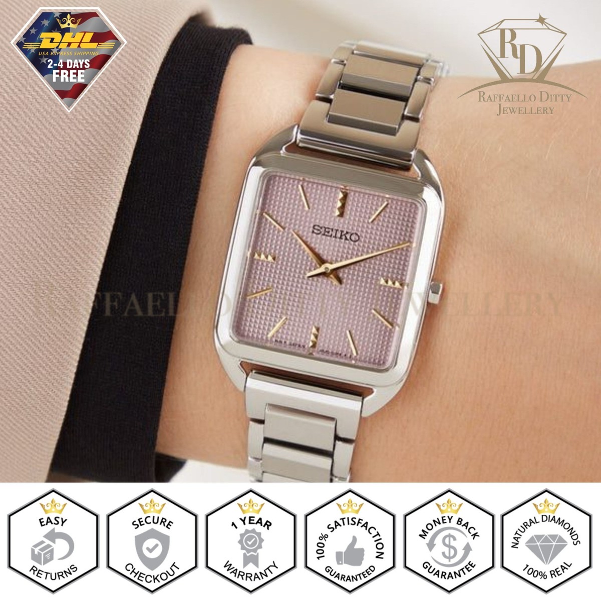 SEIKO Ladies Watch Quartz Analog Rectangle Pink Dial