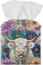 Highland Cow Leather Tissue Box Cover PU Decorative Showy Flower Tissues Tissue 