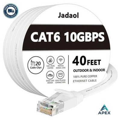 Cat 6 Ethernet Cable 40 ft 10Gbps Flat RJ45 LAN Patch Cord 30 AWG White for