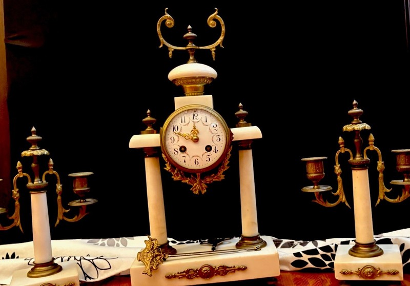 White Marble & Gilt Metal French-Style Mantel Clock + Candelabras, Key Wind