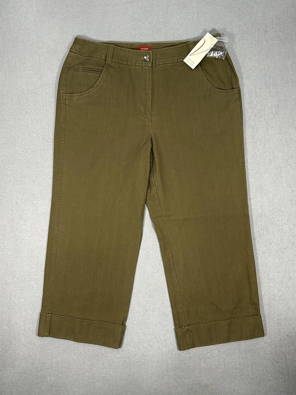 NWT Valerie Stevens Capri Pants Womens 14W Olive Green Stretch Casual Cropped