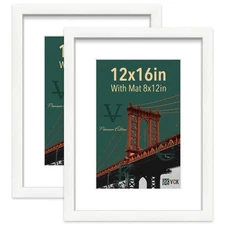 VCK 12x16 Picture Frame Set of 2 - White, Matted to 8x12 or 12x16 without Mat