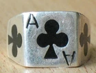 Antique Sterling 925 Silver Ag Ring sz 9.5 Black Enamel Ace Cross Club Old lear