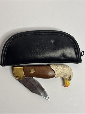 Franklin Mint Eagle Head Collector Folding Knife Lockback Wood Handle w/ Case